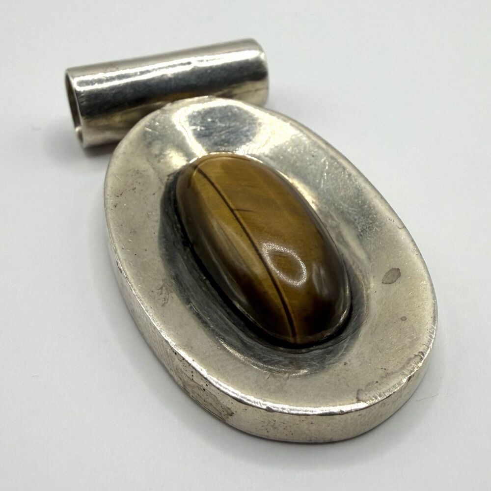 925 Sterling Silver Tiger's Eye Oval Pendant Modernist 2" x 1" Heavy 25.8g